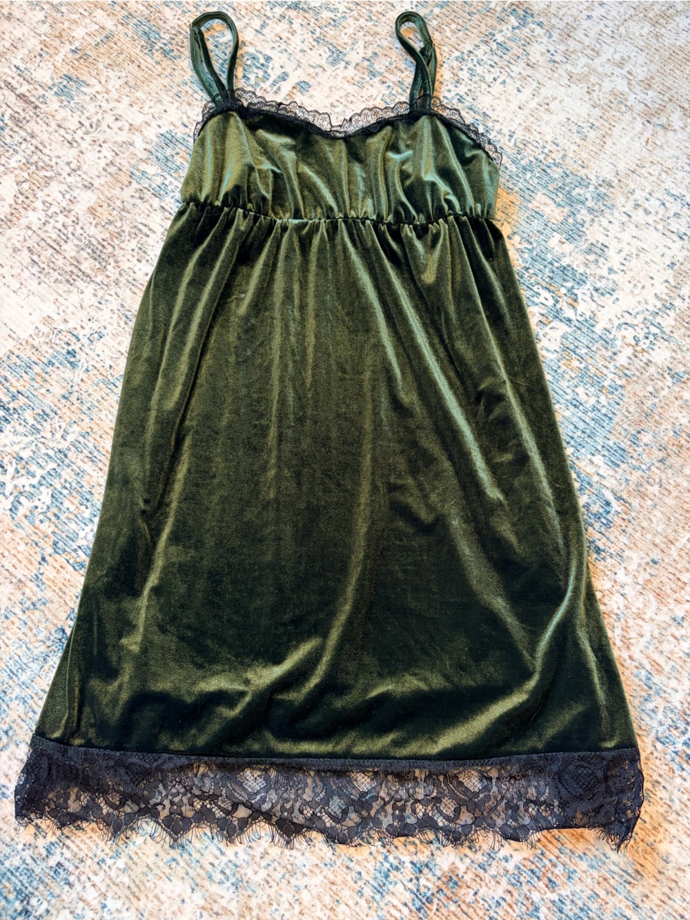 Green Velvet Mini Slip Dress with Lace Trim